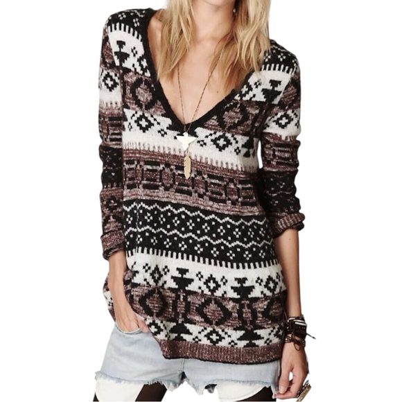 Free People Sweaters - Free People Fair Isle V-neck Pullover Brown Black Print Alpaca Blend Sweater M
